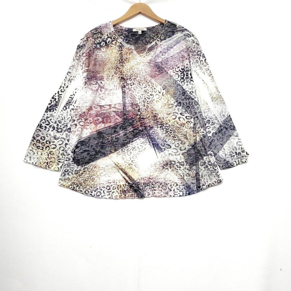 Jess & Jane‎ Top Women XL Burnout Lightweight Slub Art to Wear Rhinestone USA